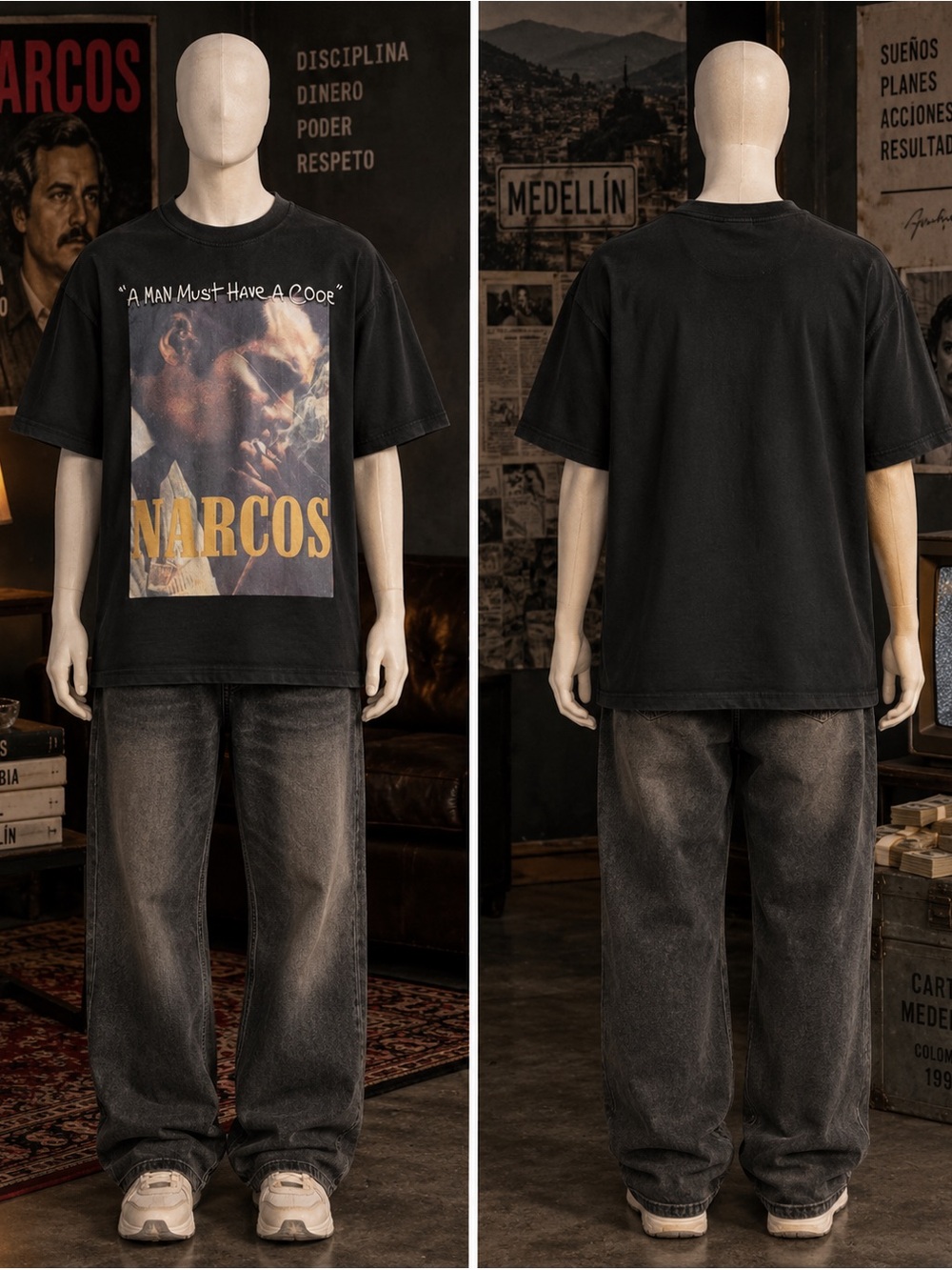 Men's Black Short-Sleeve Graphic Tee with Narcos Print